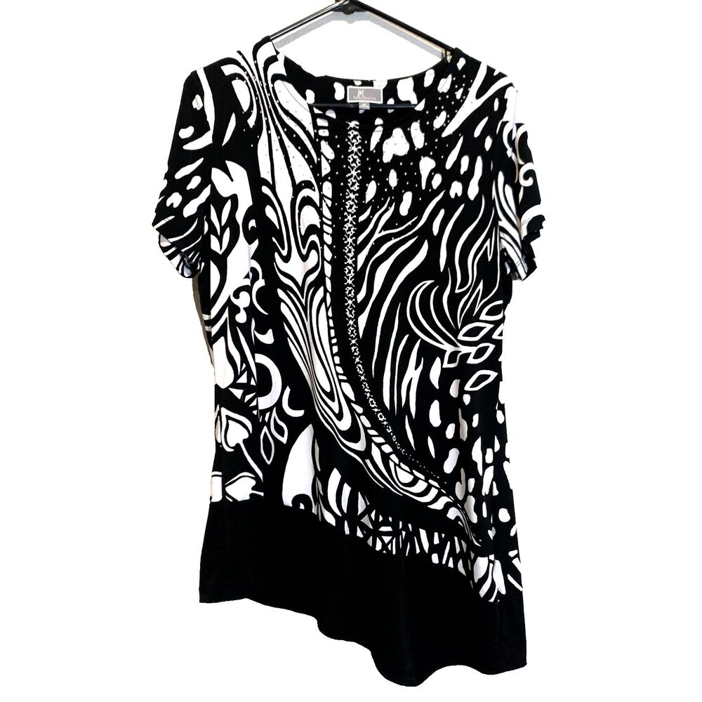 JM Collection Tunic Top Blouse Pattern Rhinestone Asymmetrical Hem Womens M